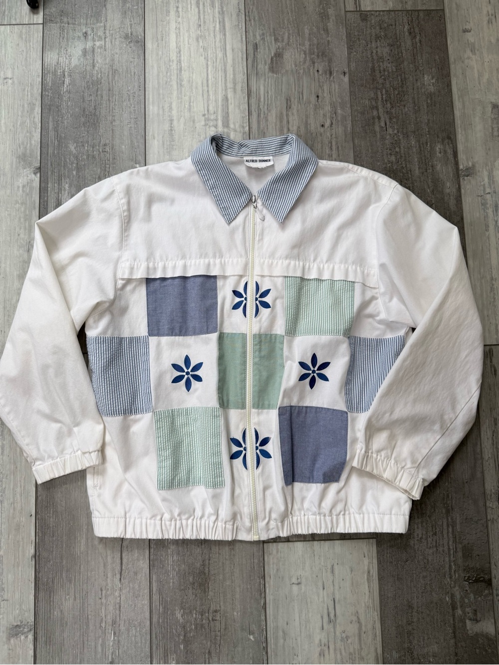 Vintage Alfred Dunner Patchwork Jacket Blue White Floral Embroidered Zip Front
